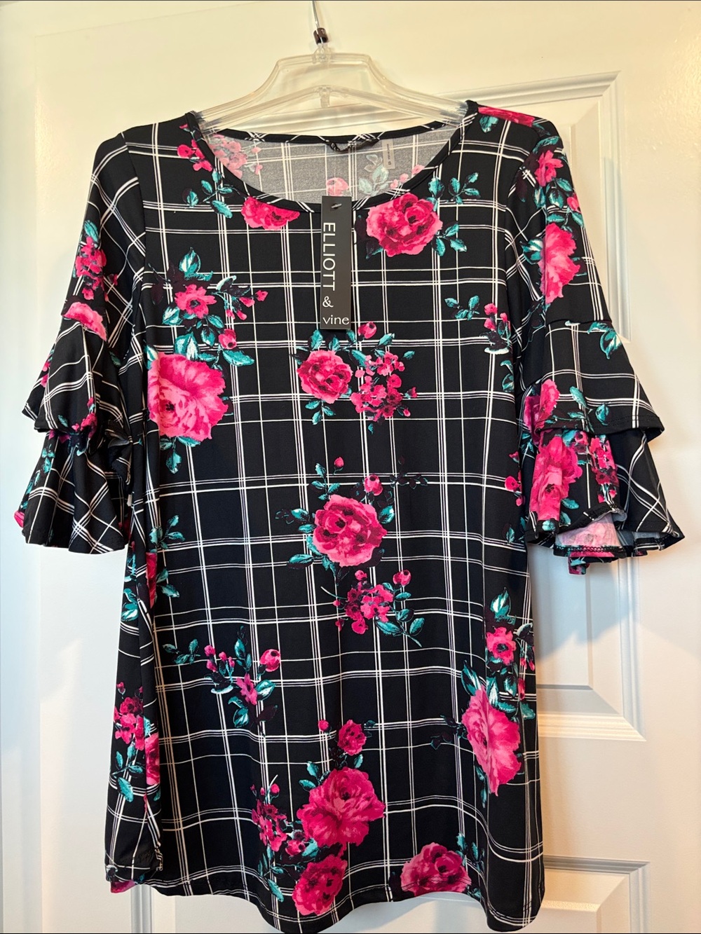 Black Floral Plaid Ruffle Sleeve Blouse